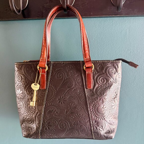 Fossil Black Embossed Leather Satchel - Picture 2 of 14